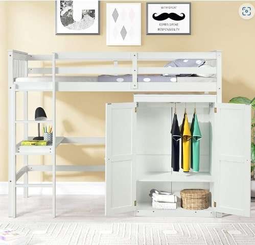 LIYONGJIE Twin Loft Bed with Desk and Wardrobe White