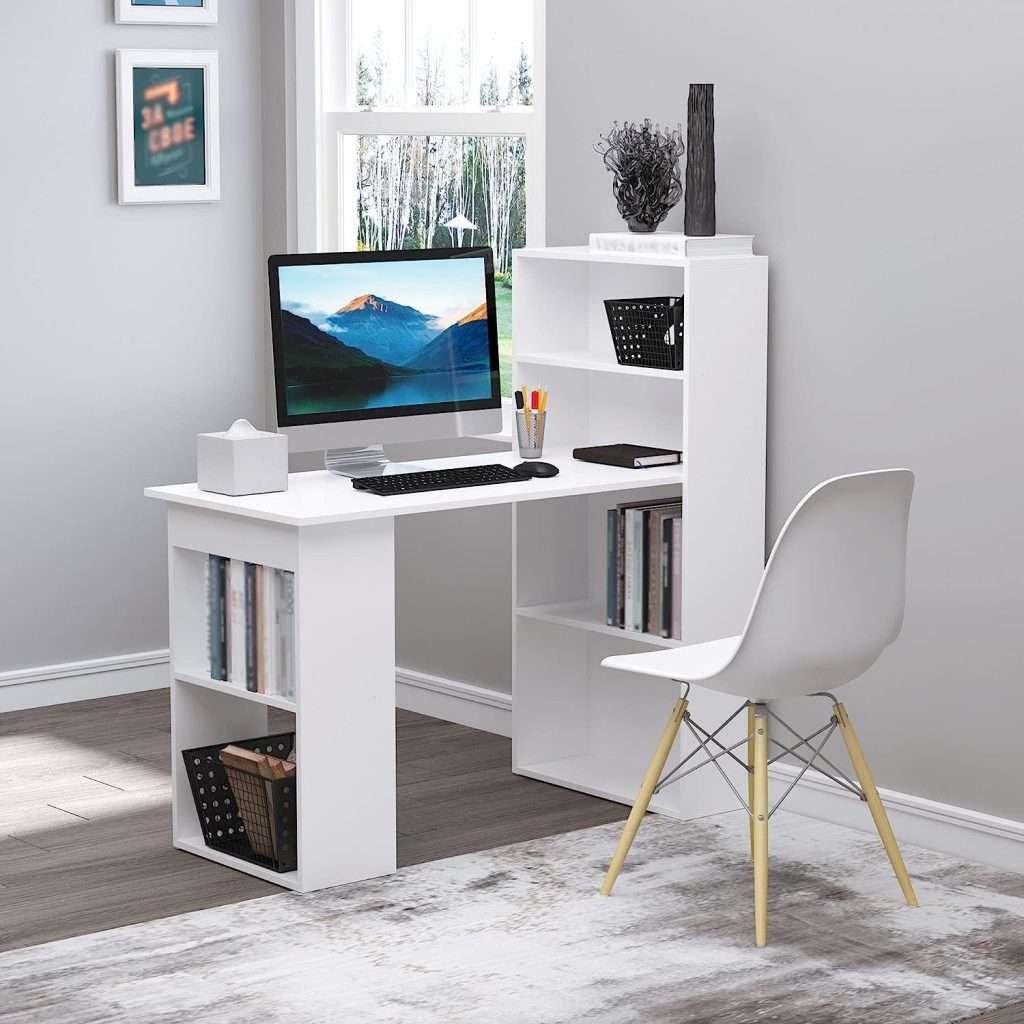 HOMCOM Modern Home Office Desk with 6-Tier Storage Shelves, 47"white desk for teenagers