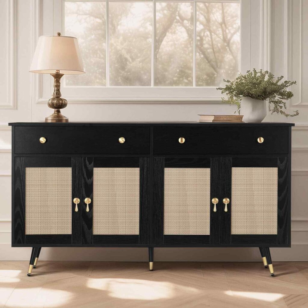4ever2buy Rattan Buffet Cabinet: Modern Storage with Black & Rattan Style